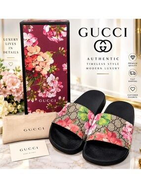 Gucci Floral GG Canvas Slide Sandals - Pink, Green, Black